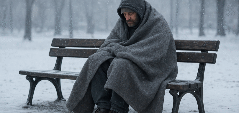 Osoba bezdomna siedząca na ławce otulona kocem