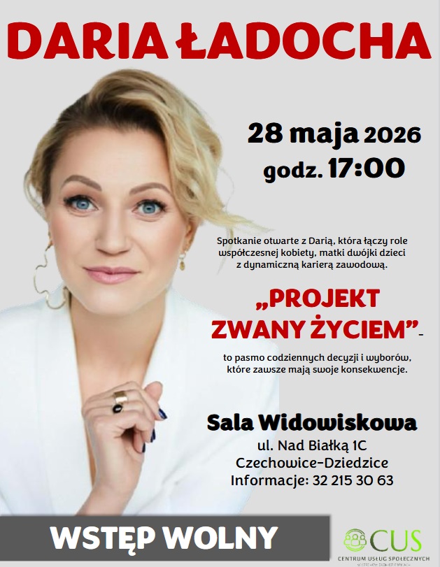 plakat zawierający zaproszenie na spotkanie z Darią Ładocha 28 maja 2026 o godzinie 17.00