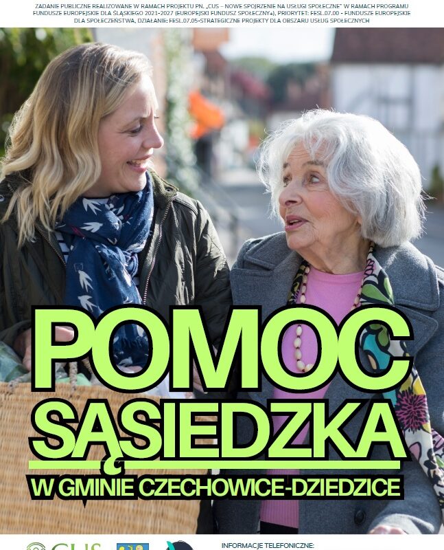 zdjęcie opiekuna i osoby starszej informujący o dostępnej w gminie Czechowice-Dziedzice usłudze pomocy sąsiedzkiej